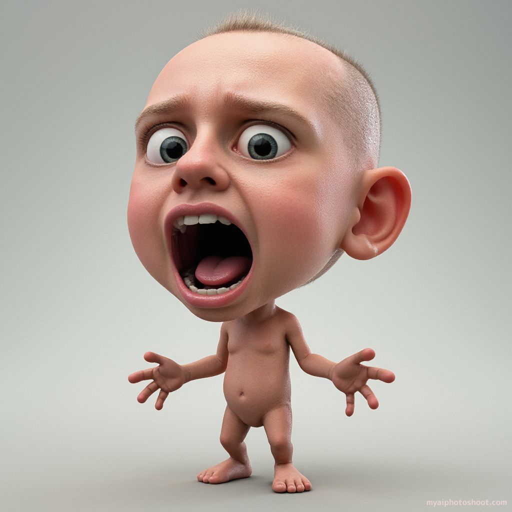 This image features a digitally created character with exaggerated and surreal features. 

**Main Subjects and Attributes**:
- The subject is a humanoid figure with an unnaturally large head and a small, slender body.
- The face expresses intense emotion, with wide eyes and a mouth open in what seems like a yell or shout. The facial expression suggests anger or frustration.
- The skin is textured, with visible imperfections giving it a realistic yet cartoonish appearance.
- The character’s hands are small and outstretched, with fingers positioned in a grasping or beckoning gesture.

**Setting and Background**:
- The background is plain and neutral, focusing attention entirely on the character with no additional context or objects present.

**Colors and Lighting**:
- The character’s skin tone is a mix of pale and slightly reddish hues, enhancing the dramatic emotive quality.
- Lighting is even, with soft shadows highlighting the facial contours and texture, enhancing the three-dimensional appearance.

**Emotions and Atmosphere**:
- The overall mood is intense and dramatic, given the exaggerated facial expression and posture.
- The figure’s demeanor contributes to a feeling of agitation or confrontation.

**Artistic Elements**:
- The image is stylized, combining realism in texture with exaggerated proportions typical of cartoon or caricature art.
- The focus on facial details and expression emphasizes the character's emotional state.

**Composition and Layout**:
- The character is centrally positioned, and the perspective is front-facing with a slightly elevated angle, allowing viewers to fully engage with the character's facial expression.

The image utilizes exaggerated features and expressions to create a memorable and impactful visual, characteristic of digital and caricature art.